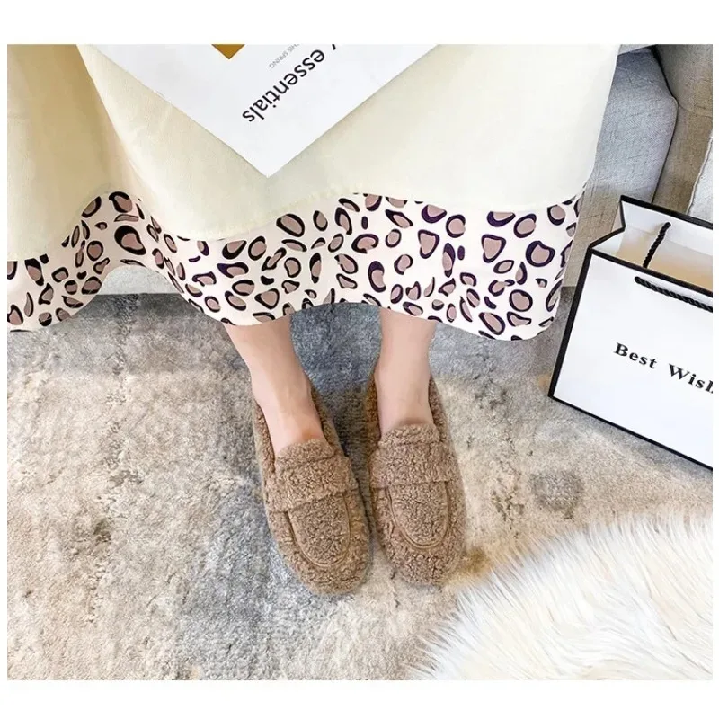 

Loafers Winter Cotton Shoes Women Furry Snow Boot Lambwool Moccasins Femme Curly Sheep Fur Flats Woman Warm Plush
