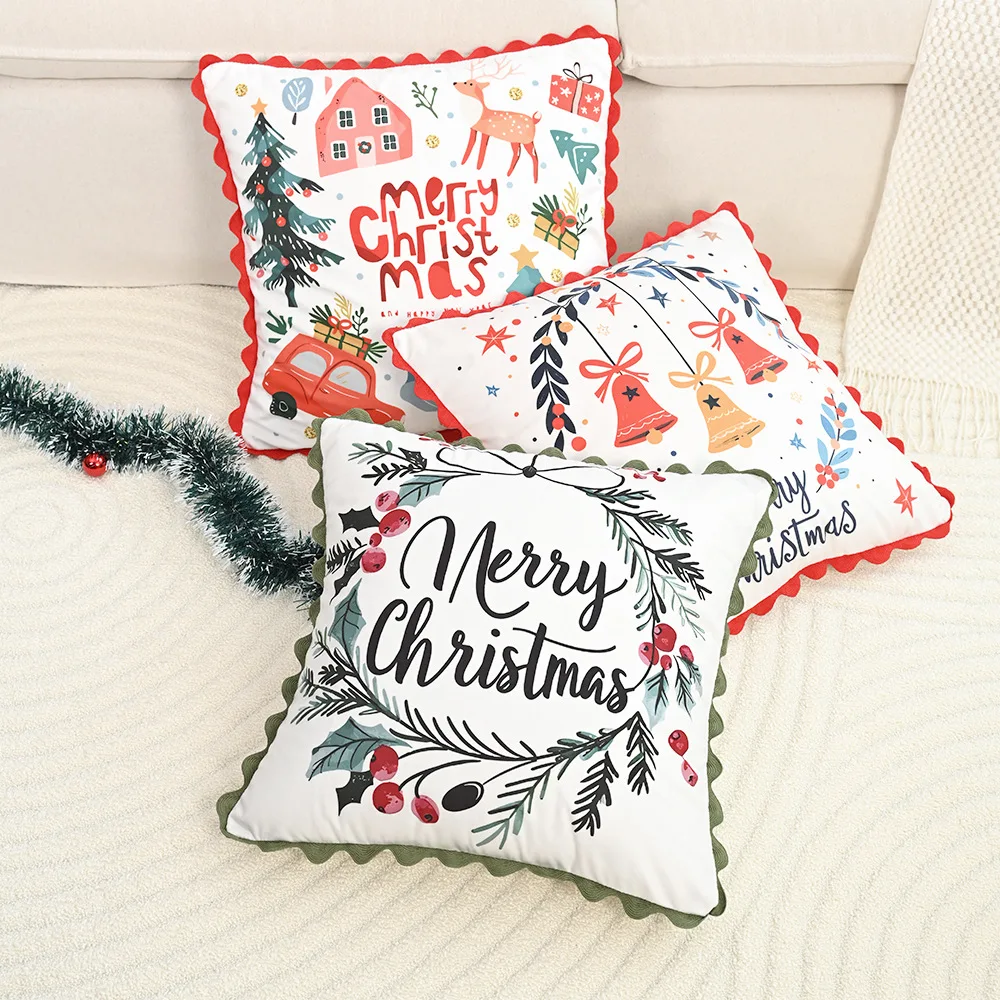 Merry Christmas Wavy Edge Cushion Cover 45x45cm Velvet Print Soft Pillow Case for Xmas Holiday Home Decor Party Decoration Gifts