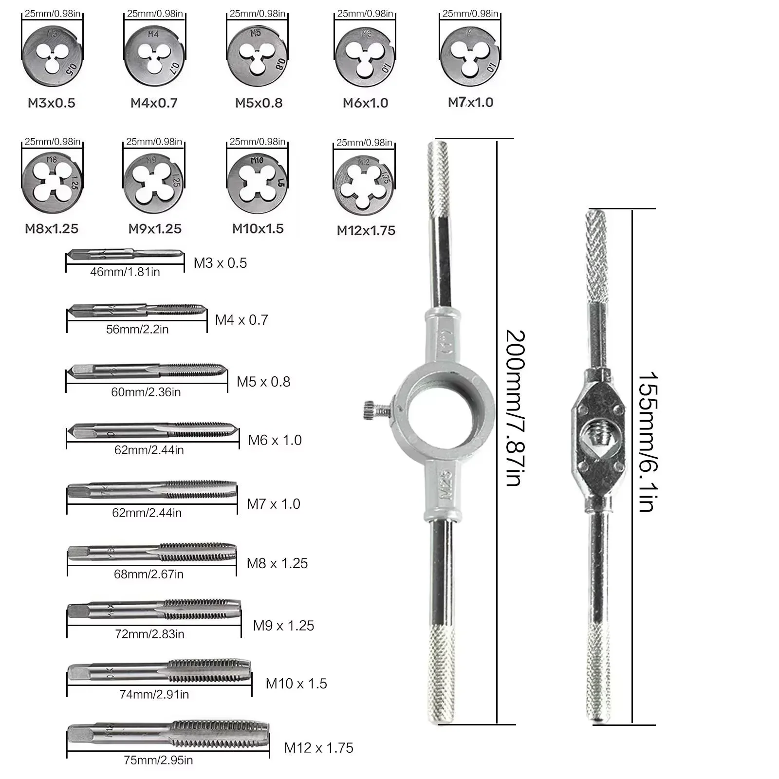 Multifunction Tap and Die Set 12/20Pcs M3-M12 Metric Screw Thread Plugs Hand Screw Taps Straight Taper Tapping and Thread Tools image 3