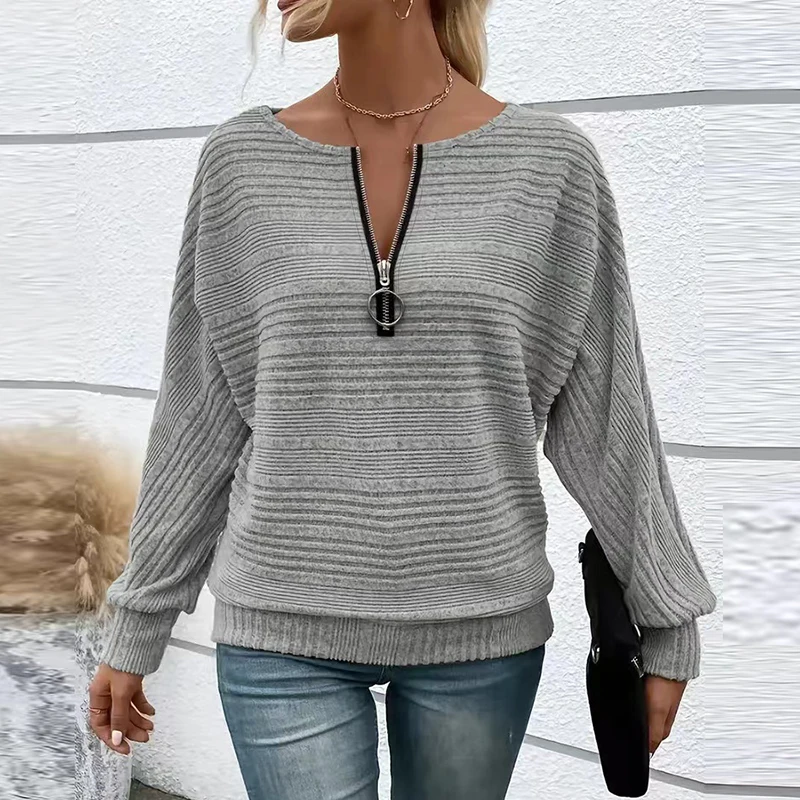 Fashion Solid Long Sleeve Zip Up T Shirts For Women Loose Tee Tops Casual Solid Color V Neck Women T-Shirts