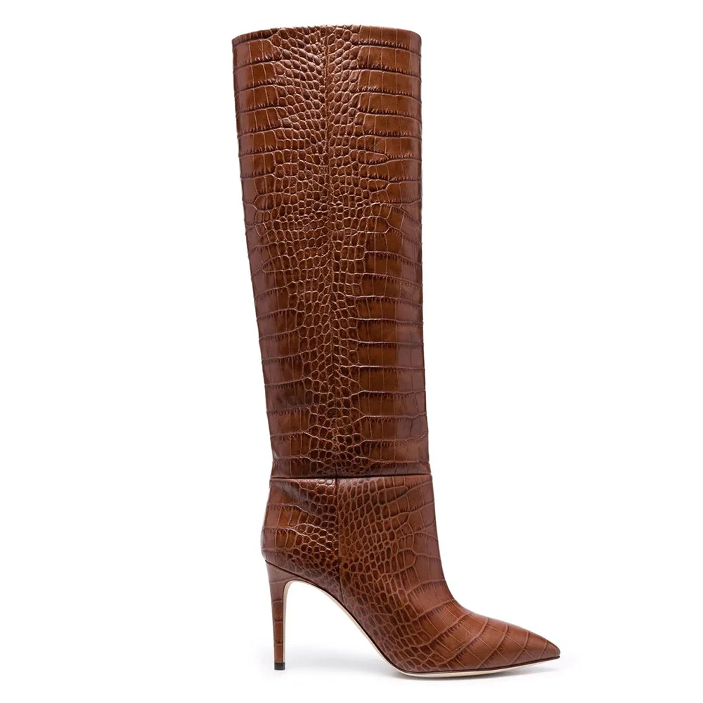 2023 New Crocodile pattern Brown Knee High Boots for Women Stilettos High Heel Long Boot Ladies Large Size Pointed Toe Boots