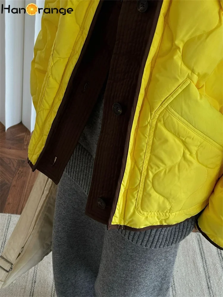 HanOrange 2024 Winter Fashion Contrasting Jacket Women 90% Duck Down Warm Comfortable Cotton-Padded Jacket Yellow/Smog Blue