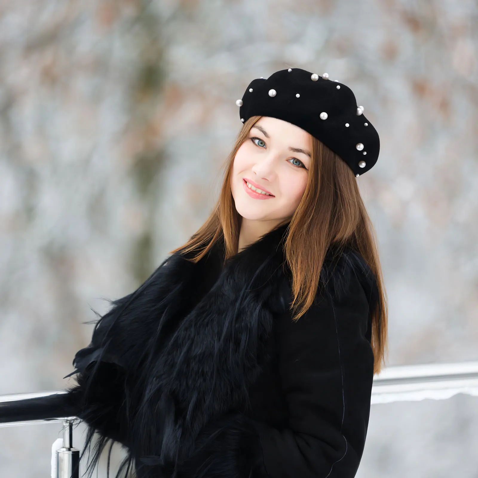 

Wool Pearl Beret Women Beanie Straw Hat with Pearls Beaded Caps Autumn Winter Cashmere Stylish Foldable Outdoor
