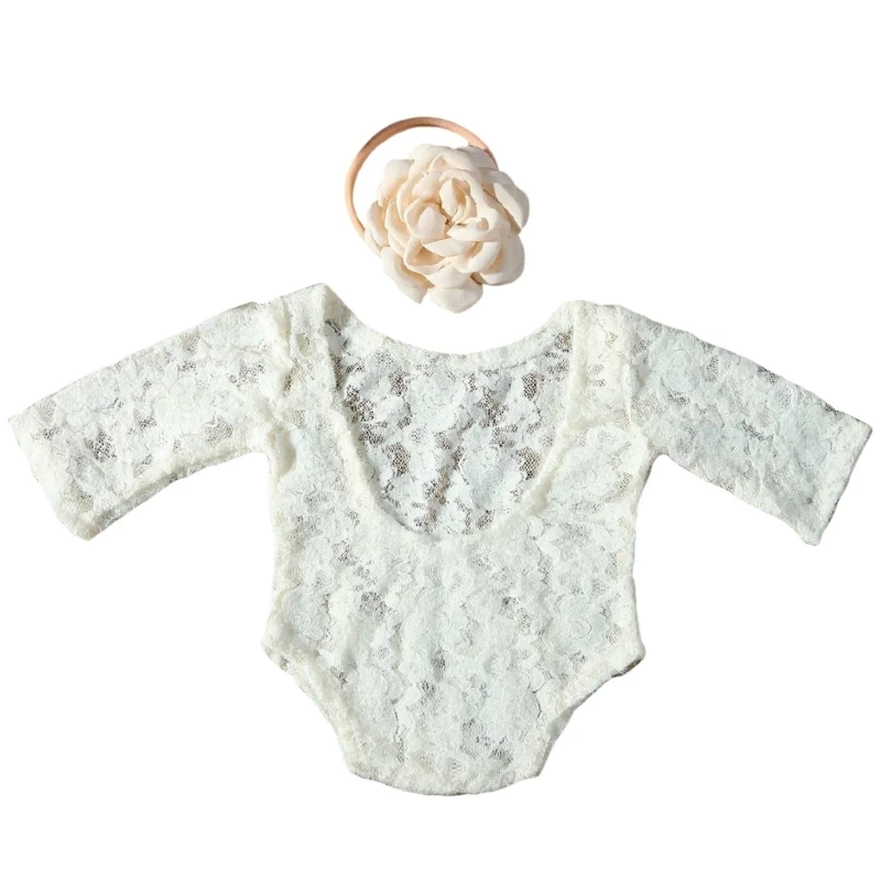 

Infant Lace Jumpsuit Hairband 0-1Month Baby Photography Props Shower Suit 2pcs