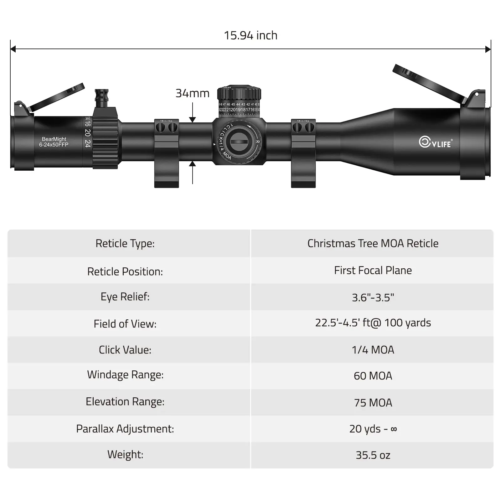 

BearMight ED 6-24x50 FFP Rifle Scope ED Glass Zero Stop Illuminated MOA Reticle Side Focus Parallax First Focal Plane Long Range
