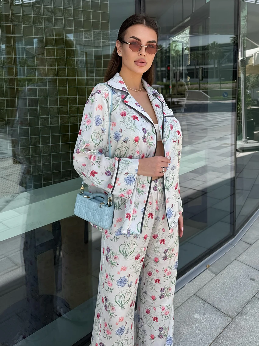 

aMarthaqiqi Printing Ladies Nightwear Set Turn-Down Collar Sleepwear Long Sleeve Pajamas Pants Casual Female Nightie 2 Piece Sui