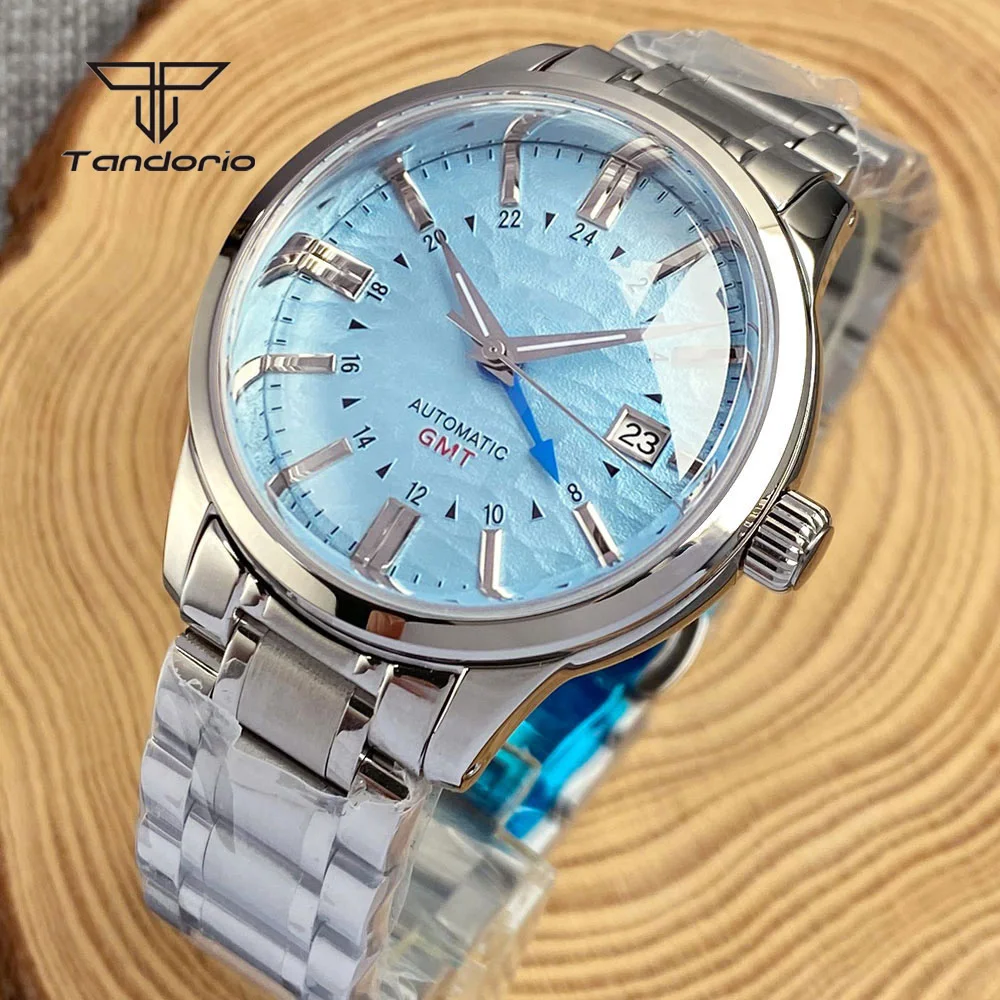 Tandorio NH34A GMT Function Steel Automatic Watch Double Domed Sapphire Crystal 40mm Dive Wristwatch for Men Date 20bar Luminous