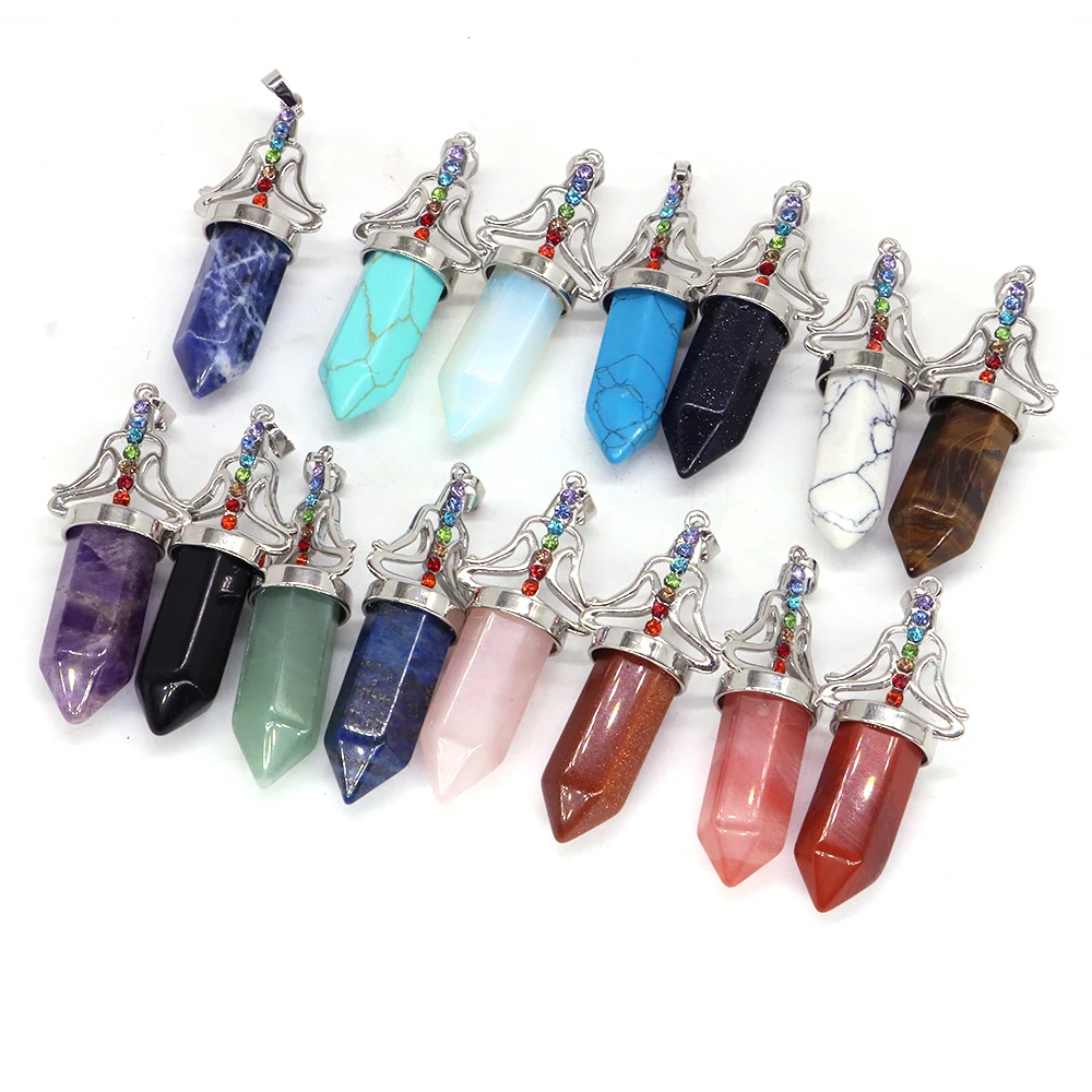 Bullet Head Shape Stone Pendants 7 Color Diamond Chakras Crystal Hexagonal Pendulum Charms for Jewelry Making Necklace Earrings