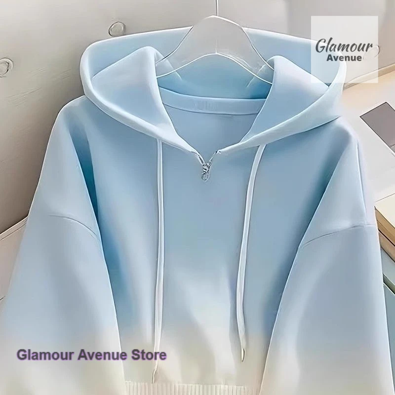 French style dopamine blue gradient high sense hooded sweater coat women's spring and autumn new unique super nice blouse.
