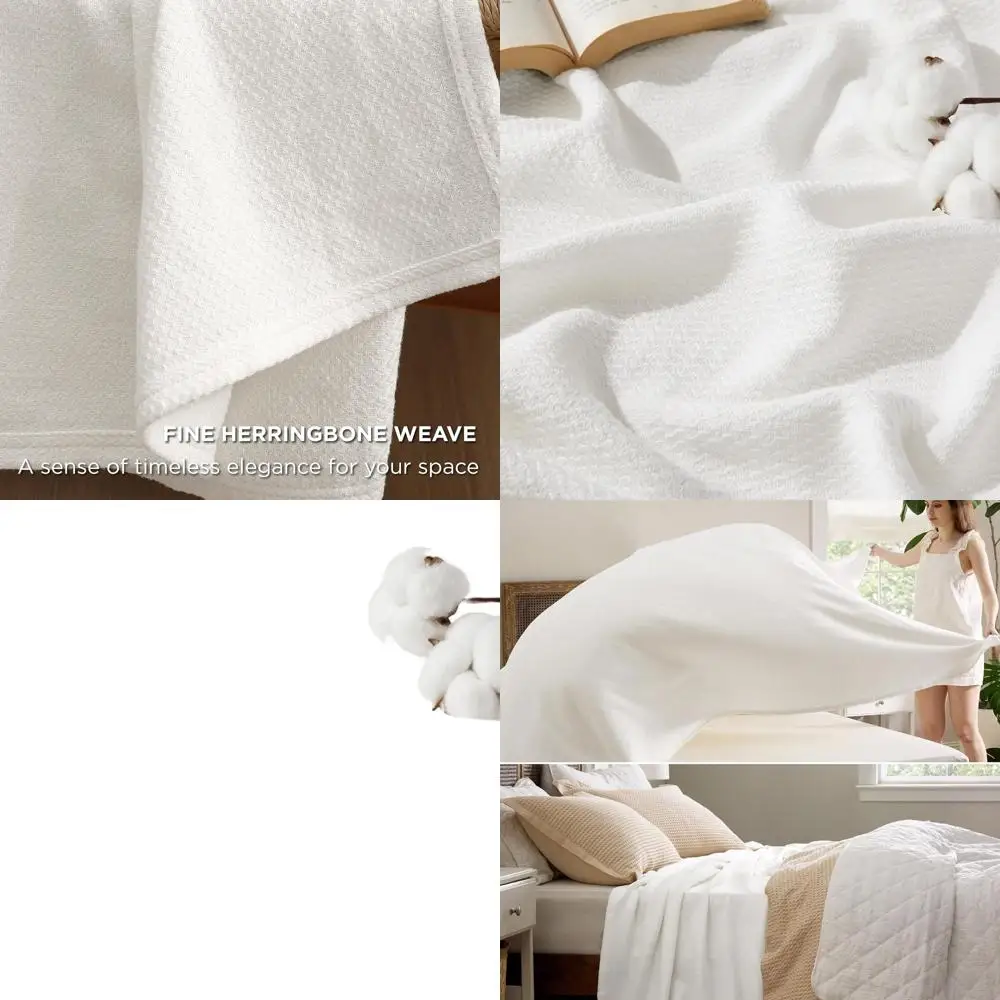 

King Size Cotton Herringbone Blanket - Breathable, Lightweight, Soft for Summer Use, White, 108x90 inches