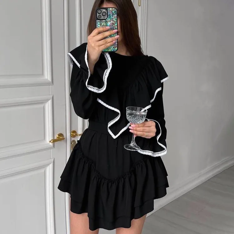 

Women's Black Ruffled Mini Dress Long Sleeve Contrast Trim Ruffle Dress Elegant Party Dress For Evening Event & Datin