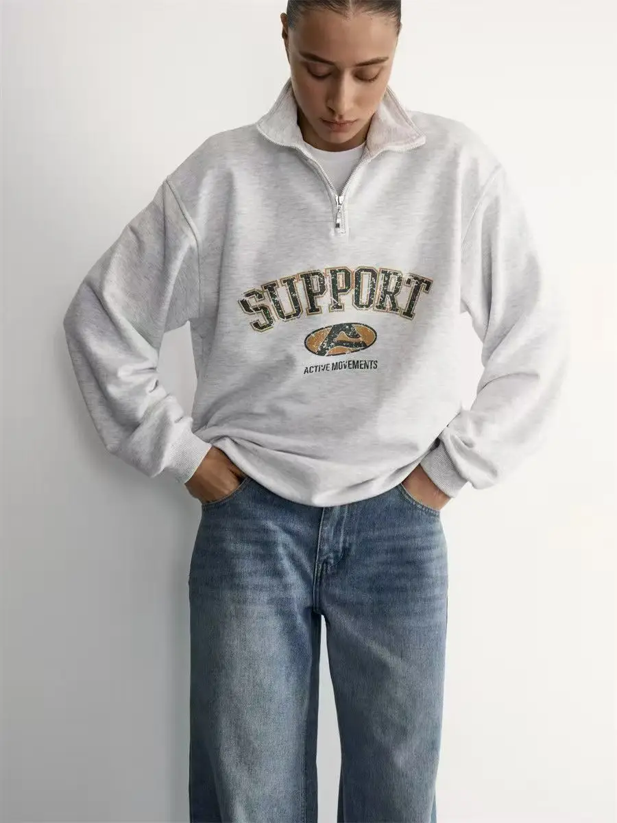 American College Style Half Zip Hoodie Supports Active Movement Printing Loose Fit Sweatshirt Women Long Sleeve Varsity Style
