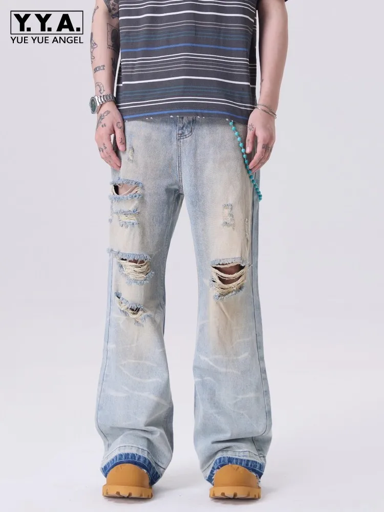 

Мужские рваные мешковатые брюки High Street, винтажные повседневные свободные джинсы в стиле хип-хоп, осенние потертые ковбойские длинные прямые джинсовые брюки