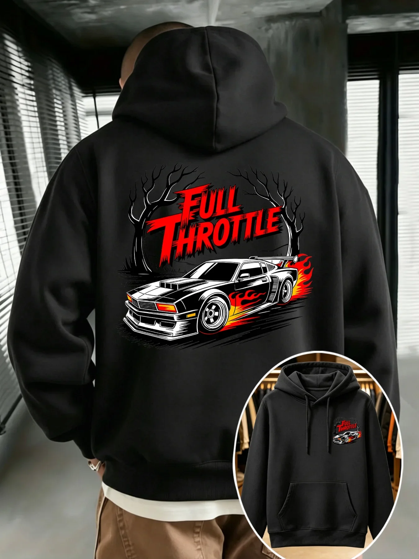 Aesthetic Racing Style Hoodie Retro Flame Race Car Bare Tree And Full Throttle Bold Text Front Back Print Loose Street Sweatshir
