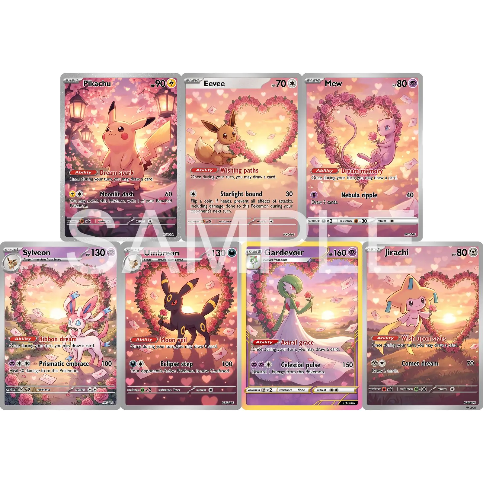 7Pcs PKM Cards PTCG Sweet Romance Style Eevee Mew Sylveon Umbreon Gardevoir Jirachi Full Art Love Collection Cards PTCG Gift
