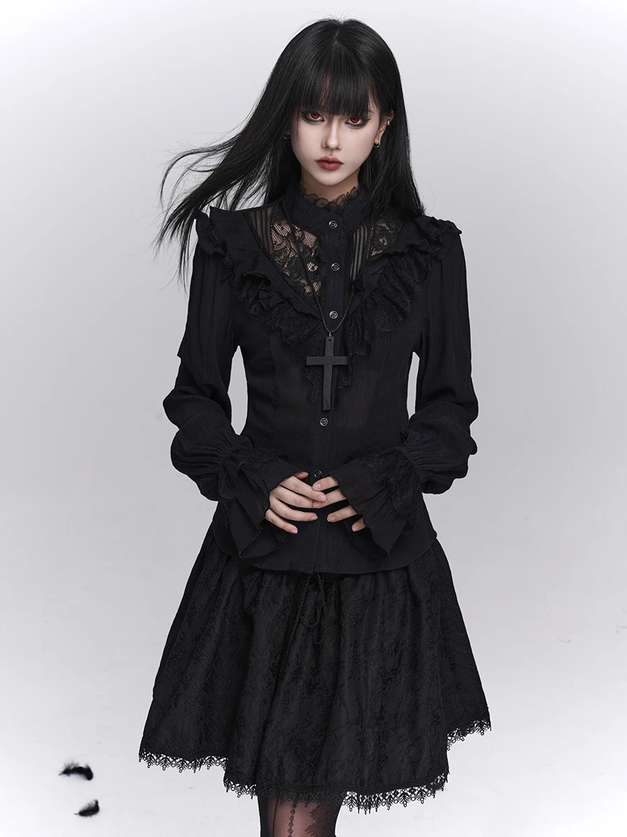 

Gothic Sle Long Sve Bla irt для женщин костюм на Хэллоуин k культура субкультура Faion Ladies Premium irt