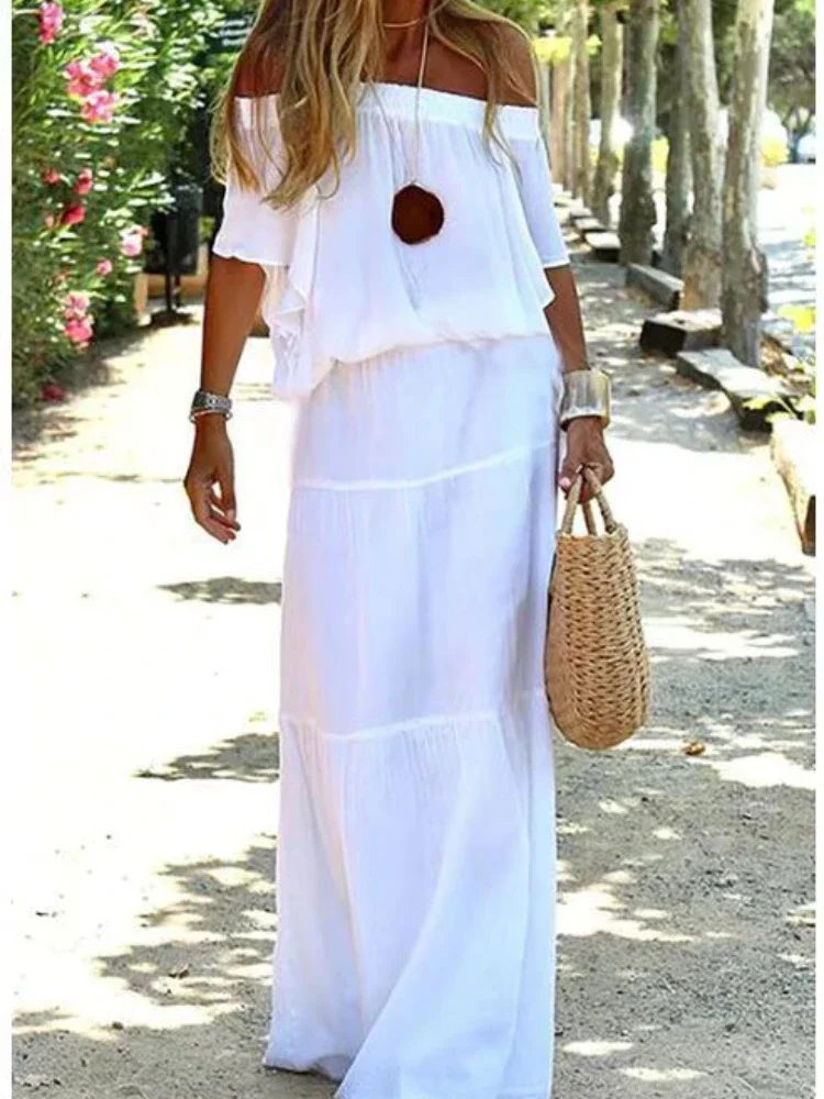 White Long Dress for Women Summer Elegant Casual Loose Sexy Off Shoulder Short Sleeve Beach Dresses 2024 Vestidos Party