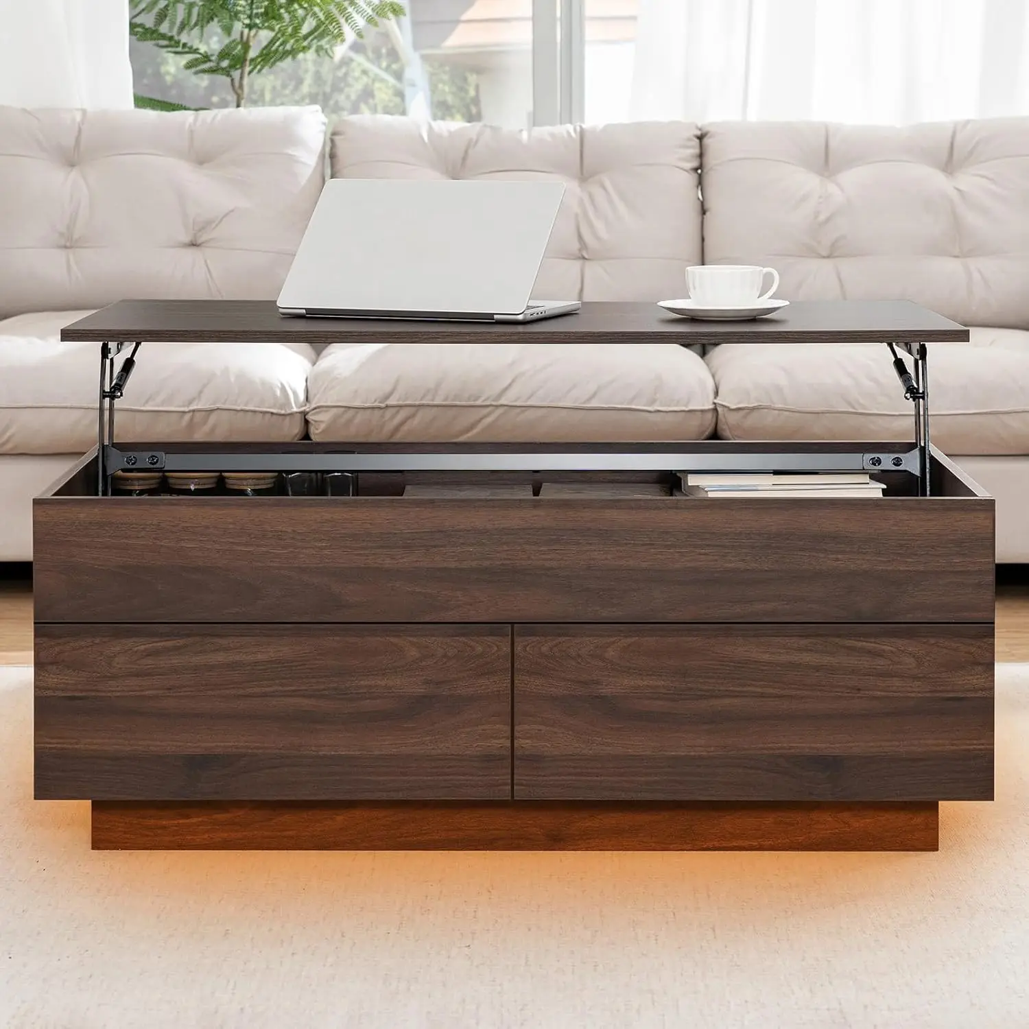 40'' Lift Top Coffee Table for Living Room, Walnut Coffee Tables with Storage, LED Modern Coffee Table Rectangular Wooden Gloss,