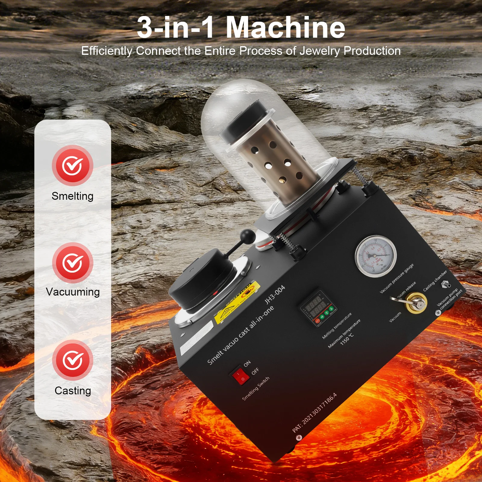 1500W Vacuum Casting Machine 2102°F Max Temperature Jewelry Casting Machine Metal Melting Furnace for Gold Silver