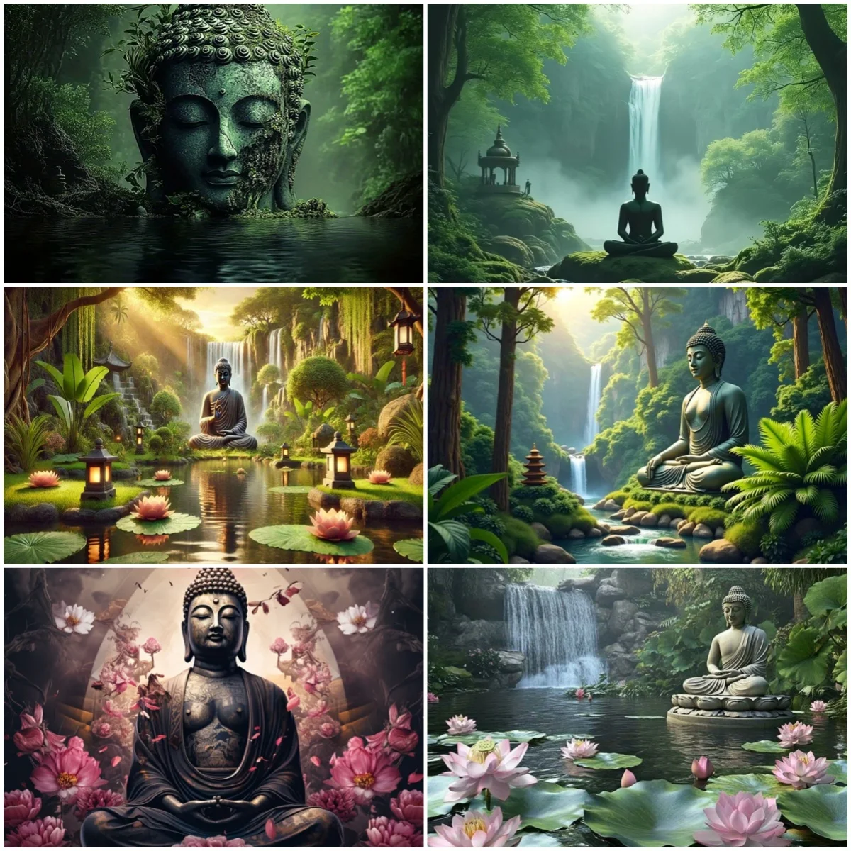 

Garden Scene Backdrop Buddha Meditation Statue Waterfall Lotus Pond Photography Background Spa Yoga Temple Decoration Props