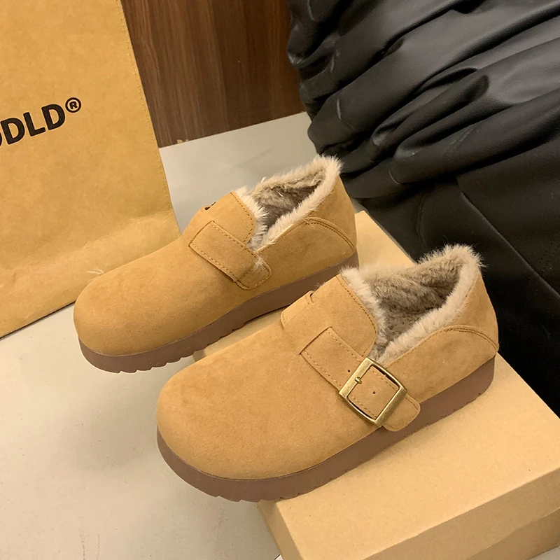 

Женские модные хлопковые ботинки на плоской подошве, новые зимние ботинки с круглой головкой, замшевая металлическая толстая подошва, противоскользящая износостойкая обувь с низким берцем