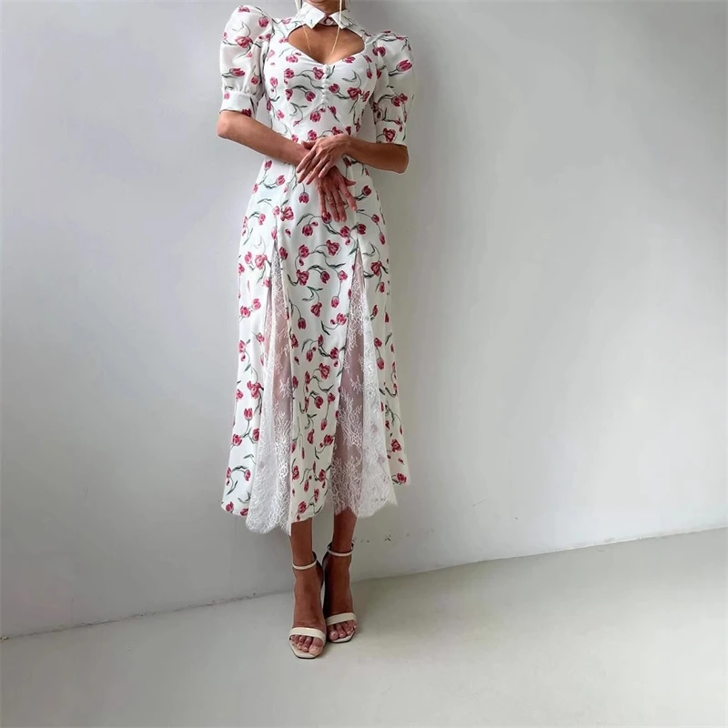 Elegant High เอวดอกไม้พิมพ์ชุดยาวเซ็กซี่ Hollow OUT ชุดลูกไม้สําหรับผู้หญิงฤดูร้อนพัฟแขนวันหยุดชุด 2025