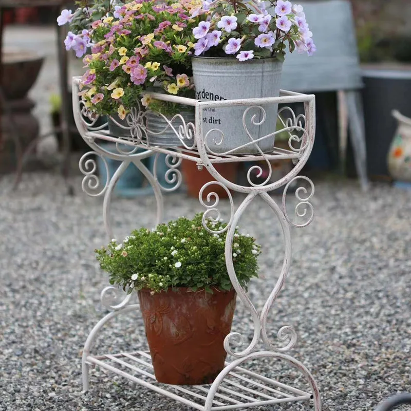 Outdoor Iron Plant Stand Double-Layer Floor Shelf Decoration Stable Load-Bearing Flower Holders Garden Balcony Decorative image 4