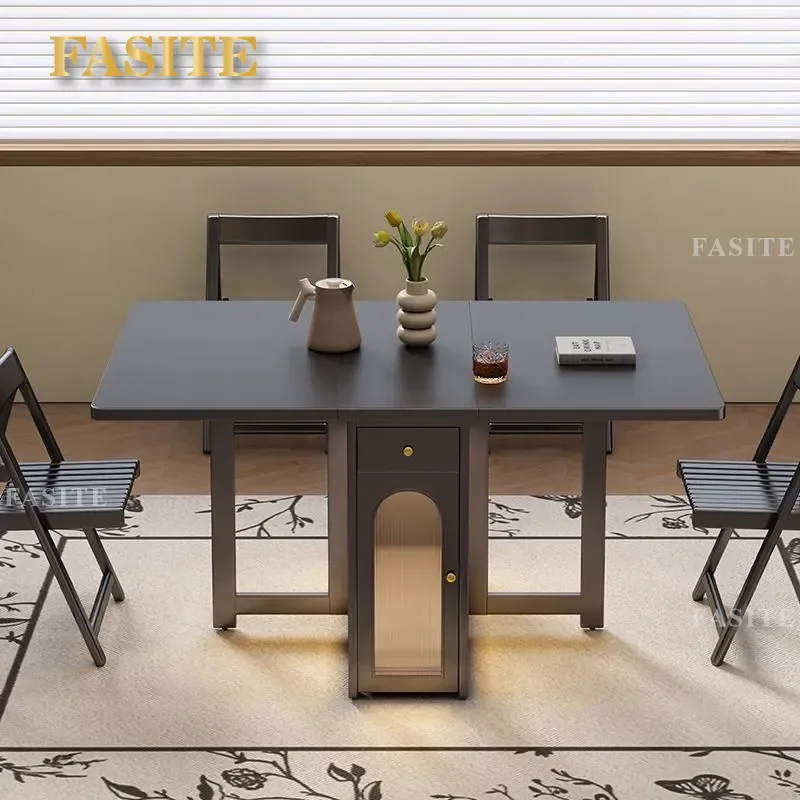 For Small Apartment Black Retro All Solid Wood Folding Dining Table Modern Light Luxury Rectangular Retractable Invisible