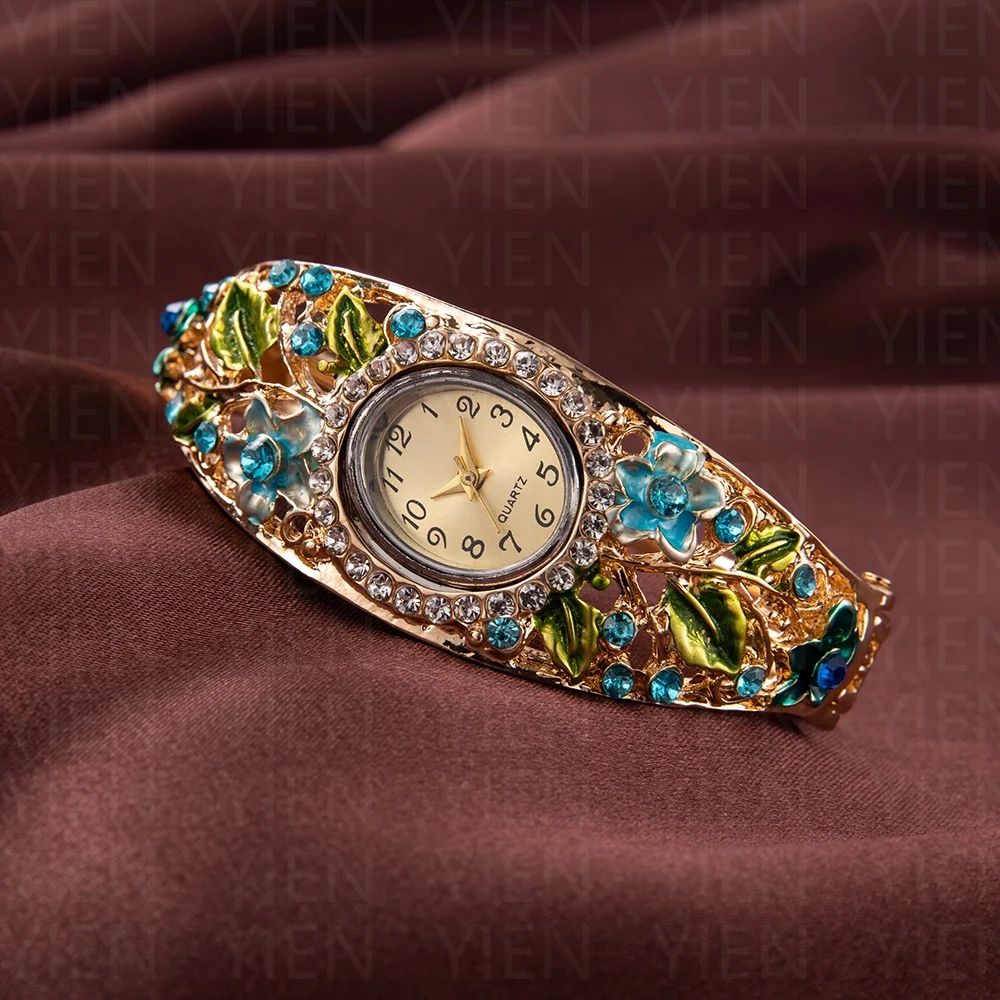 المرأة الإسورة سوار ساعة فاخرة ريترو كريستال زهرة ساعات كوارتز للمرأة موضة أنيقة السيدات ساعات المعصم Reloj Mujer