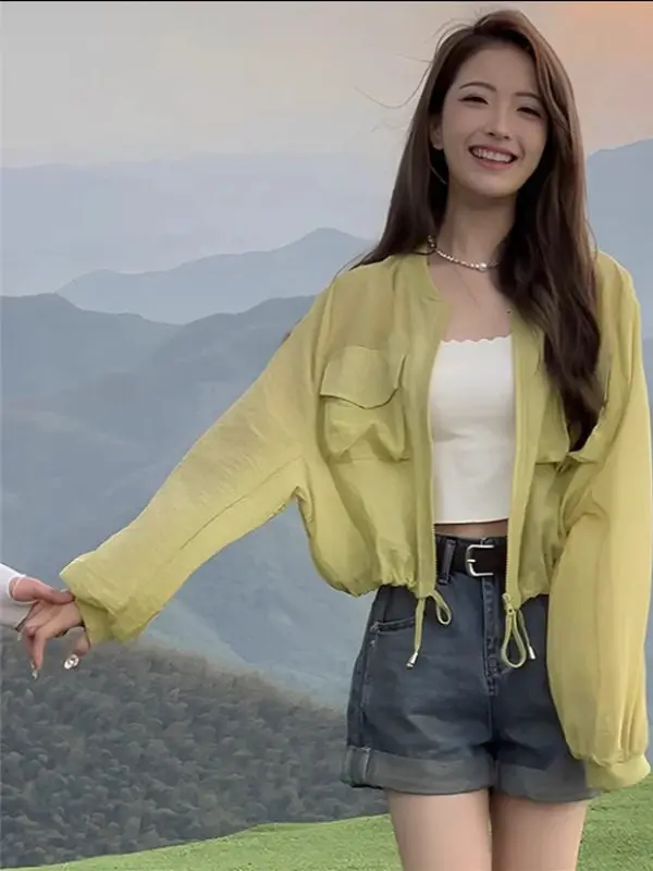 Chaqueta Corta Casual para Mujer, Protección Solar, Delgada, Transpirable, Protección UV, con Cierre, Color Amarillo Mostaza, Ropa de Trabajo con Bolsillos