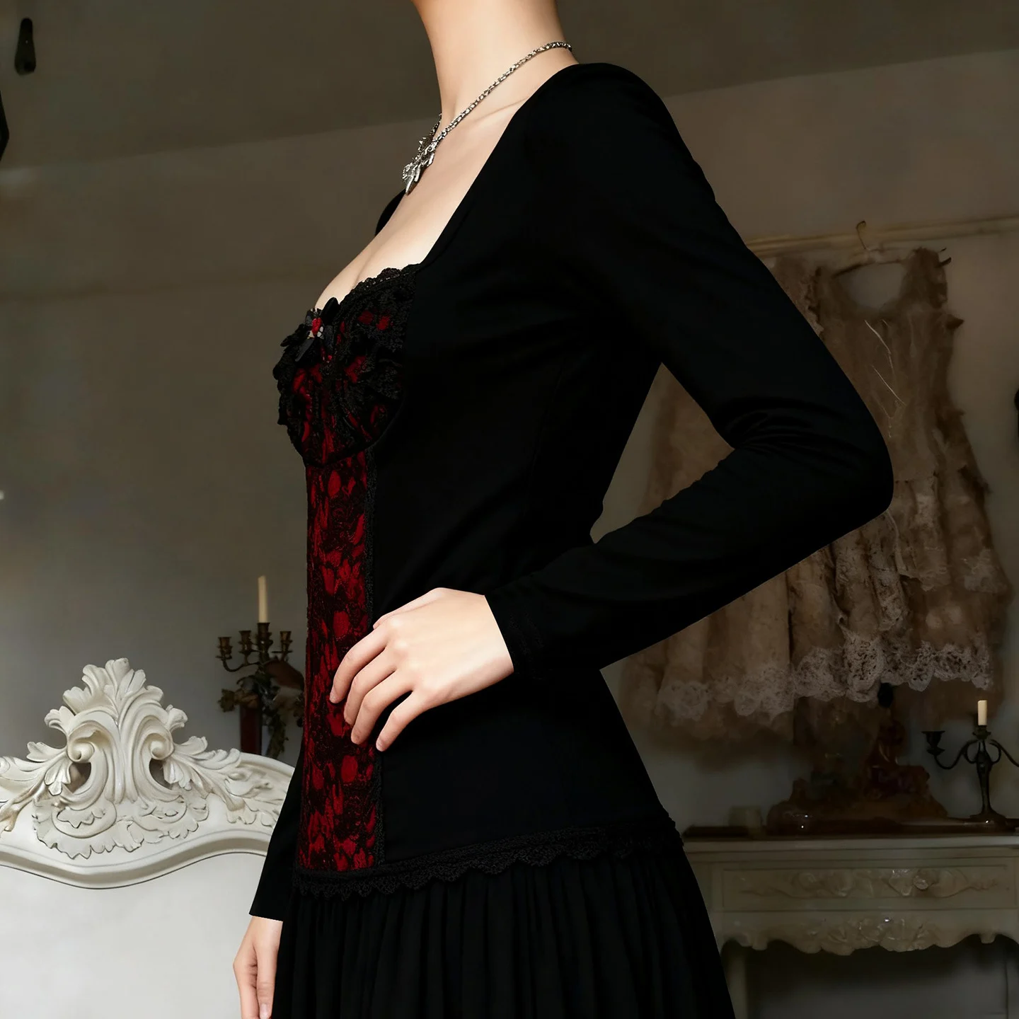 SUCHCUTE Gothic Lace Patchwork Square Neck Long Sleeved T-shirt Sexy For Women Basic Slim Top Y2k Streetwear Shirt Autumn Spring image 2