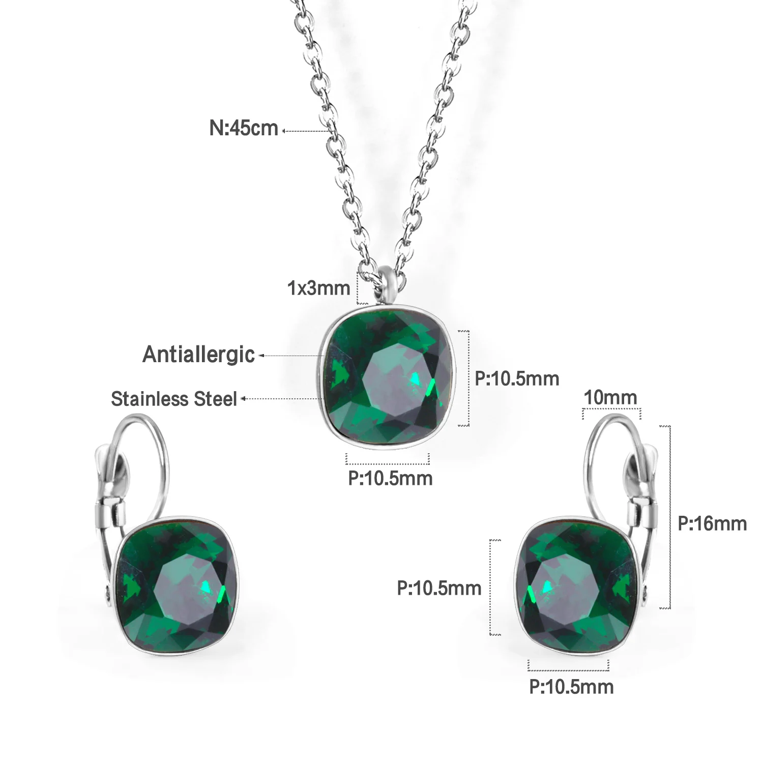Square Zircon Necklace & Earring Set, Minimalist Elegant Jewelry