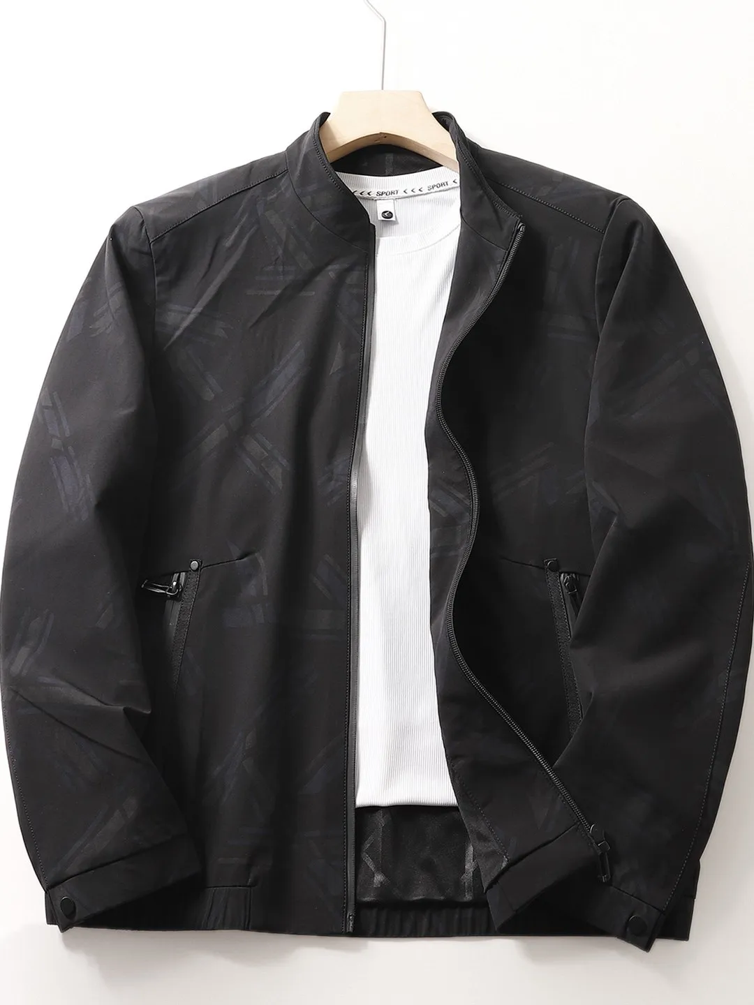 

Water-Resistant Fabric Jaet Stand Collar Printed Commute Youth Outdoor Windproof Autumn Sle Casual Geometry Pattern Zipper