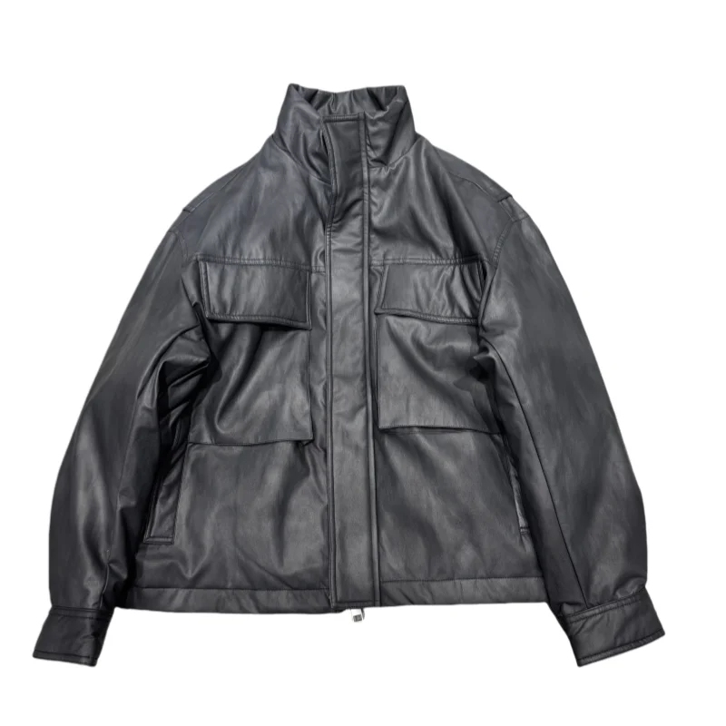 الرجال الدفء بو الجلود Jaet أسفل معطف الوقوف طوق دراجة نارية Sle الشتاء Thiened Faionable Cleanfit سستة إغلاق #5