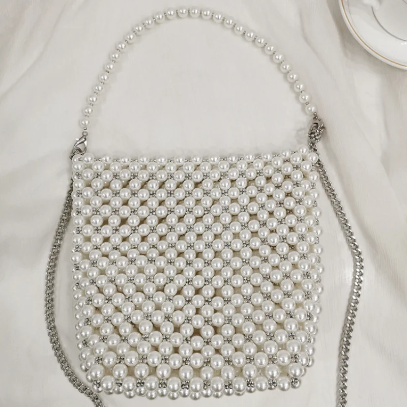 Pearl New In Handbag moda donna Retro semplice borsa di cristallo intrecciata a mano versatili borse di perline acriliche 2023 fuchappaight cofea