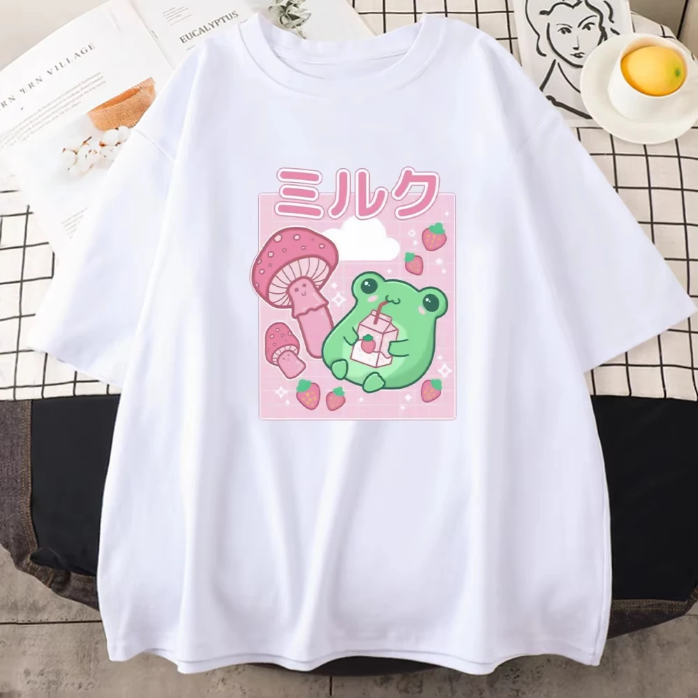 Frog Strawberry Drink Mushroom Cartoon T Shirt Fresh Green Style Tops Loose100% Cotton Summer Harajuku Casual Daily Short Sleeve