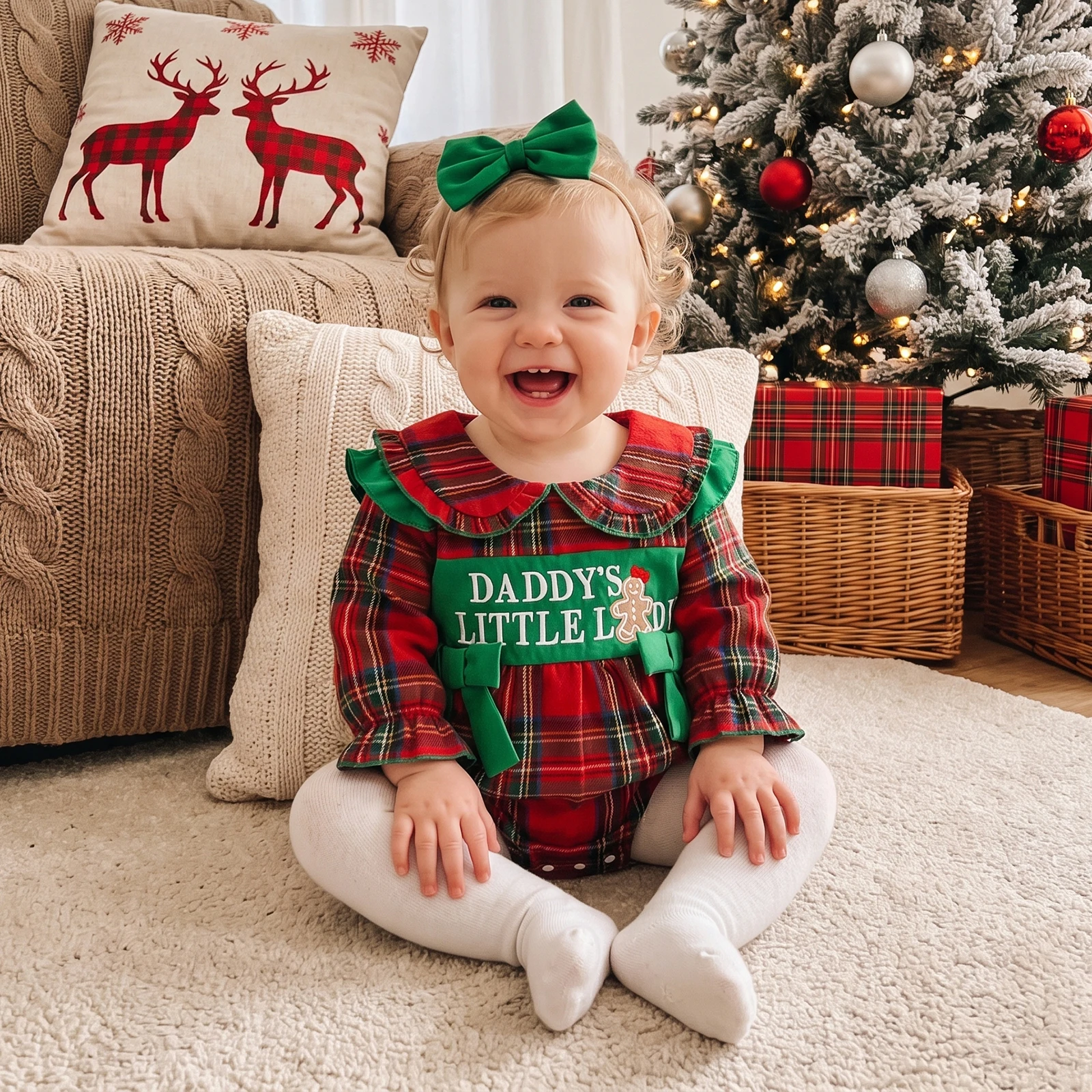 2027 New Years Toddler Baby Girl Christmas Romper Winter Warmer Letter Embroidery Plaid Bodysuits with Headband for Xmas Rompers