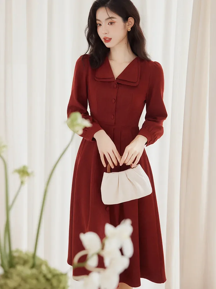 French Style Long Sleeve Dresses for Women\'s Vintage Double Layer Lapel Chic Dress Autumn/Winter Korean Fashion Casual Vestidos