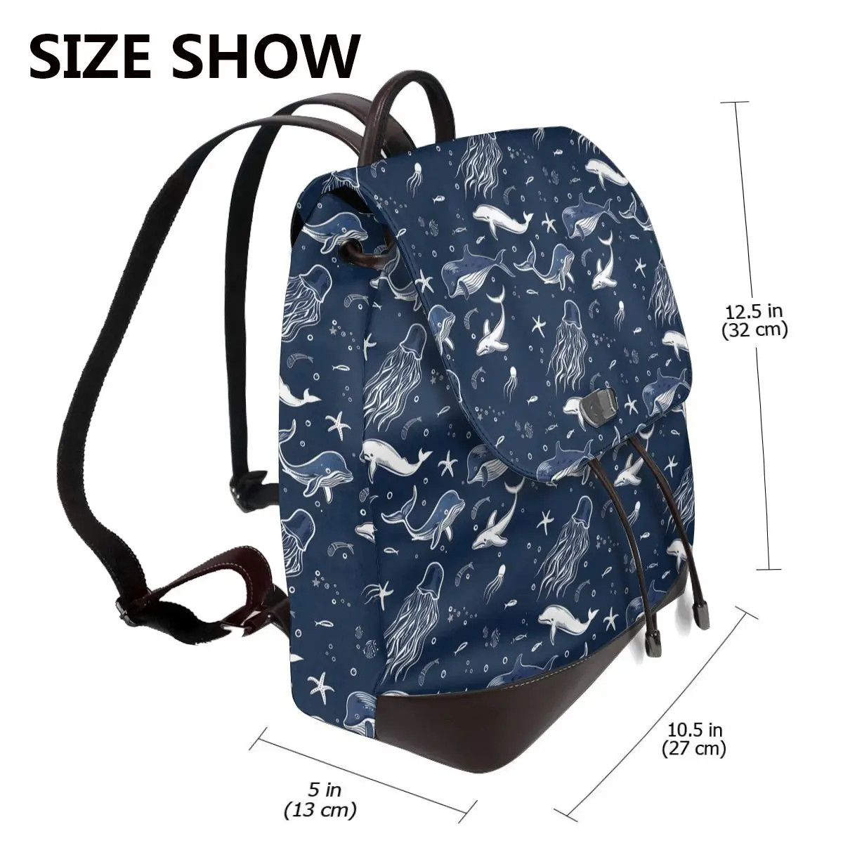 Sea Animals White Lines Dark Blue Background Bookbag School Student Bags Hiking Travel Daypack for Women Fashion Derma Backpack