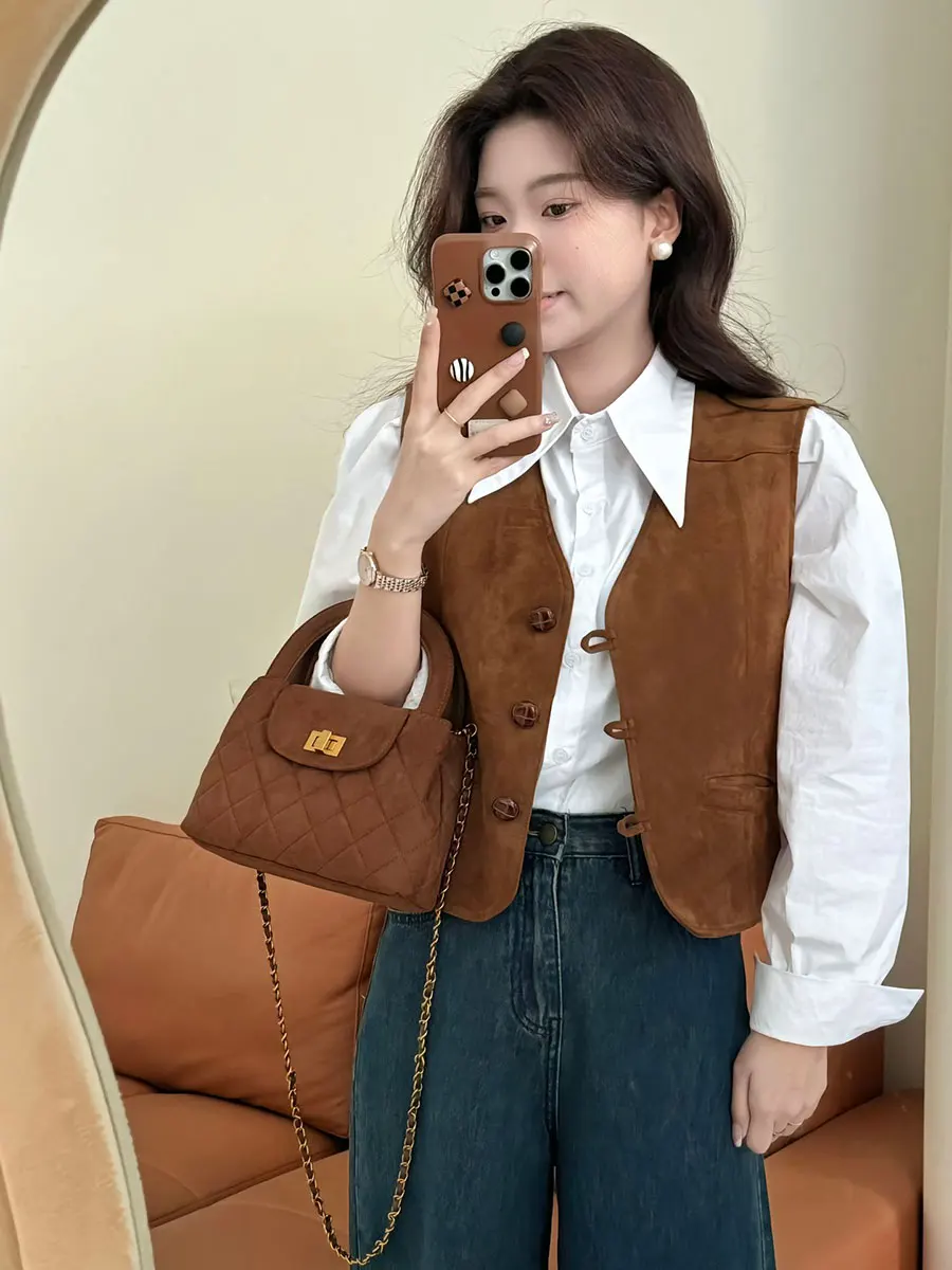 Women's Retro Brown Suede Vest, Old Money Style, American Vintage, Cowgirl Waistcoat, Sleeveless Jacket/Tops, Autumn Trend 2024