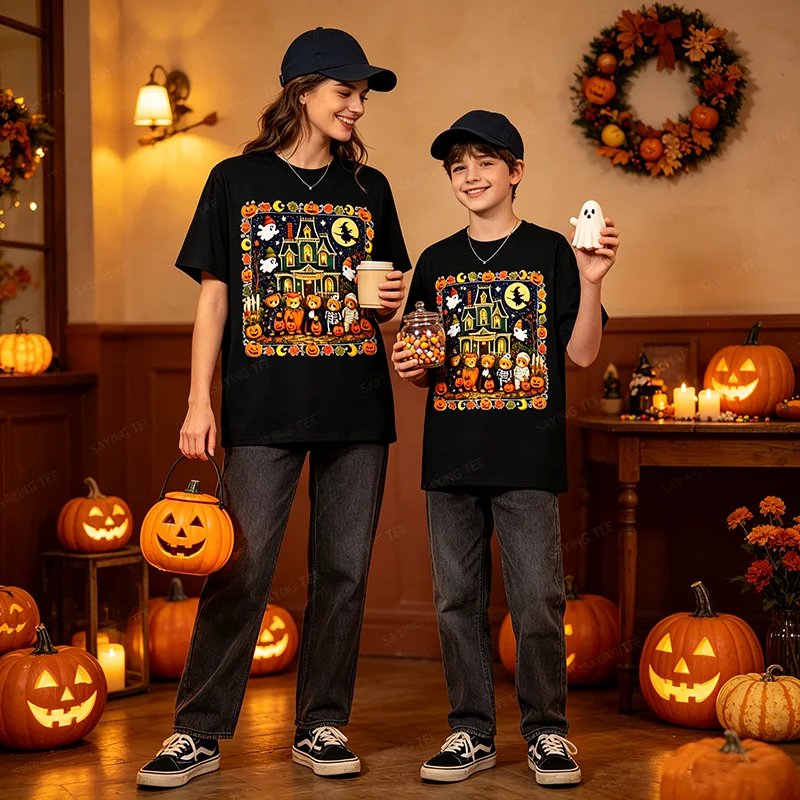 Lustiges Bären-T-Shirt mit Geisterhaus-Grafik, Y2k Horror Mummy Ghost Trick-or-Treat, It's A Scream Dare You Visit Halloween-Kostüm – Detail 5