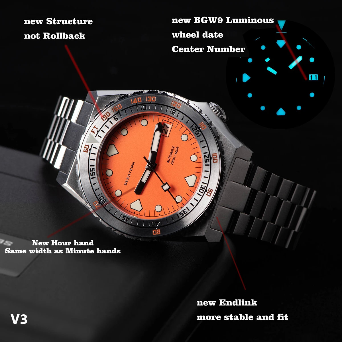 SEESTERN SUB600T V3 Mens Watch Automatic Diving Sapphire Wristwatch NH35 Movement Ceramic Bezel Luminous Date Jubilee Waterproof