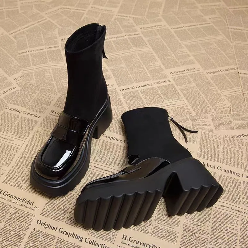 

Женские ботинки, зимняя обувь на высоком каблуке, ботильоны «Челси», новая мода 2024, вечерние брендовые массивные туфли в стиле ретро, мотоциклетные женские ботинки