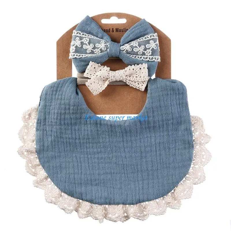 

090B Baby Feeding Drool Bib Lace Headband Set Soft Cotton Saliva Towel Bandana Burp