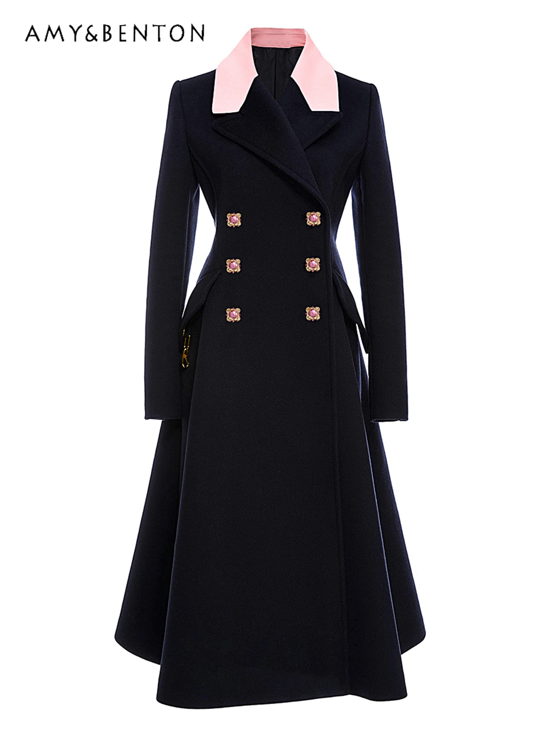 

High-End Black Elegant Double Breasted Suit Wool Coat Women Elegant Graceful Patchwork Long Sleeve Slim Midi A-line Jackets