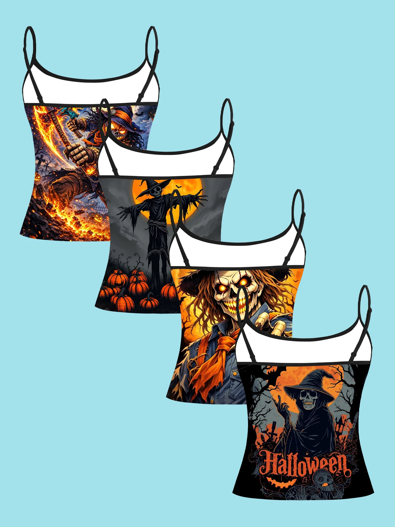 4-Piece Set of Halloween Scarecrow Skeleton Women's Camisoles with Full Moon, Bat, Pumpkin, Flame, and Dark Print, Slim-Fit Spaghetti Strap Short Camisole Tops