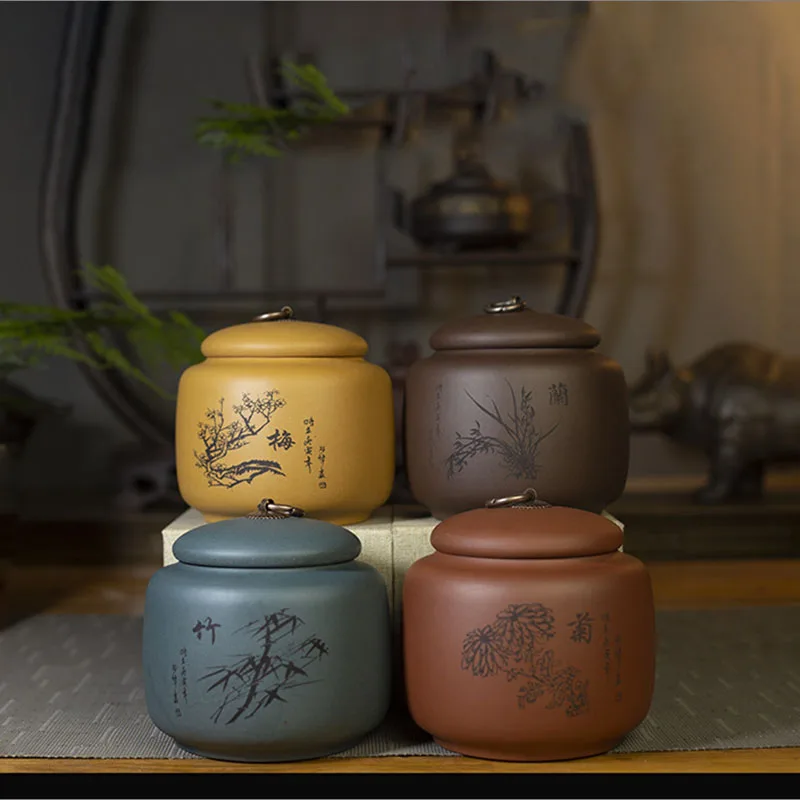 

Chinese Ceramic Tea Caddy Purple Sand Coffee Bean Storage Jar with Lid Home Portable Candy Nut Box Meilan Bamboo Chrysanthemum