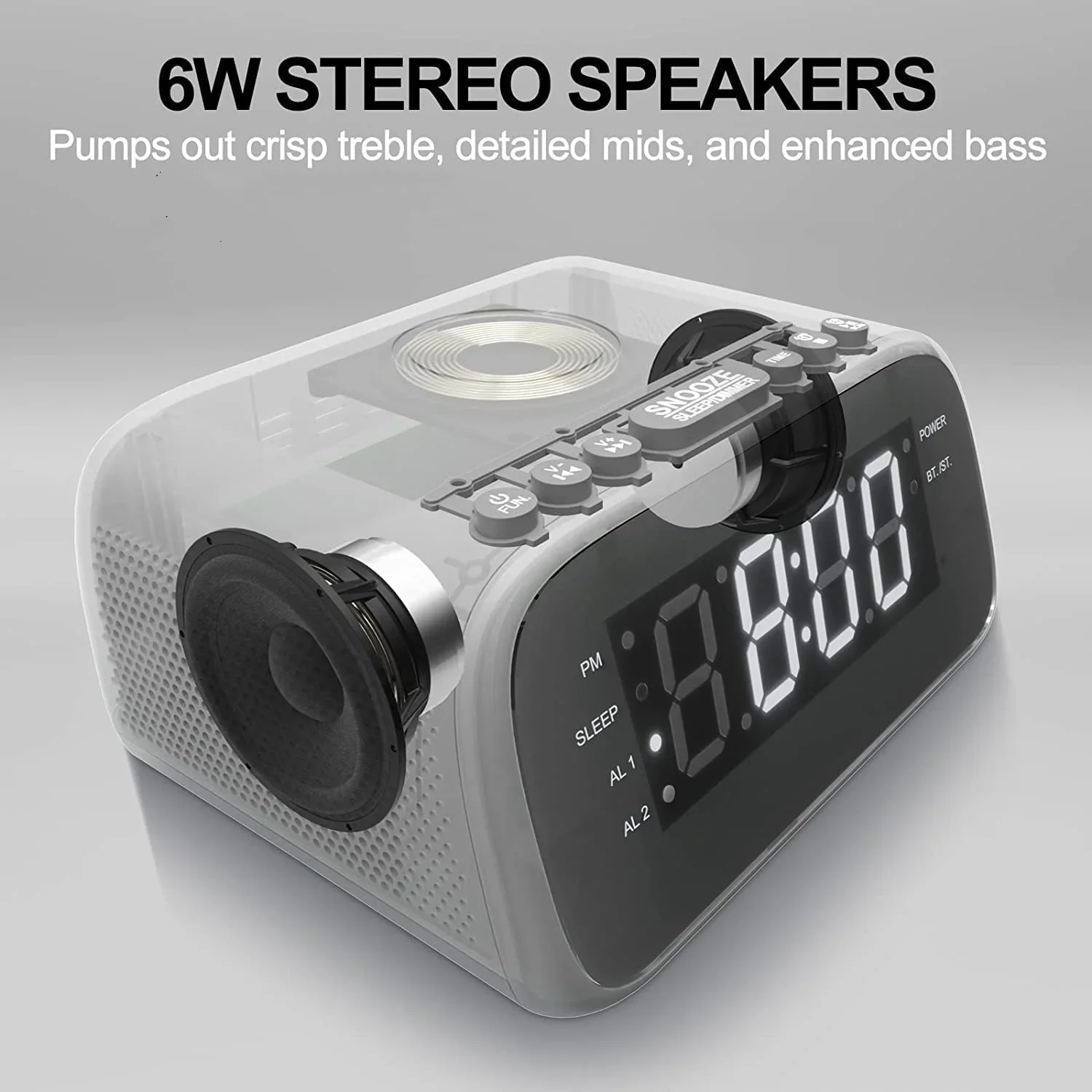 Caja De Som De escritorio, Altavoz Bluetooth con despertador Digital, Radio FM, caja De sonido para despertar en Hotel, luz LED De carga inalámbrica De 15W