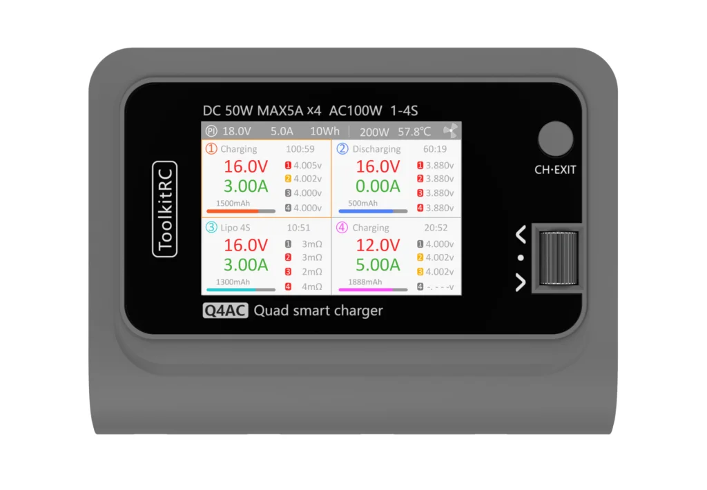 

ToolkitRC Q4AC charger XT60 Adapters IPS Bright With Clear Wide Angle Display 4x50w 5A AC 100W 4 Port DC Smart Discharger