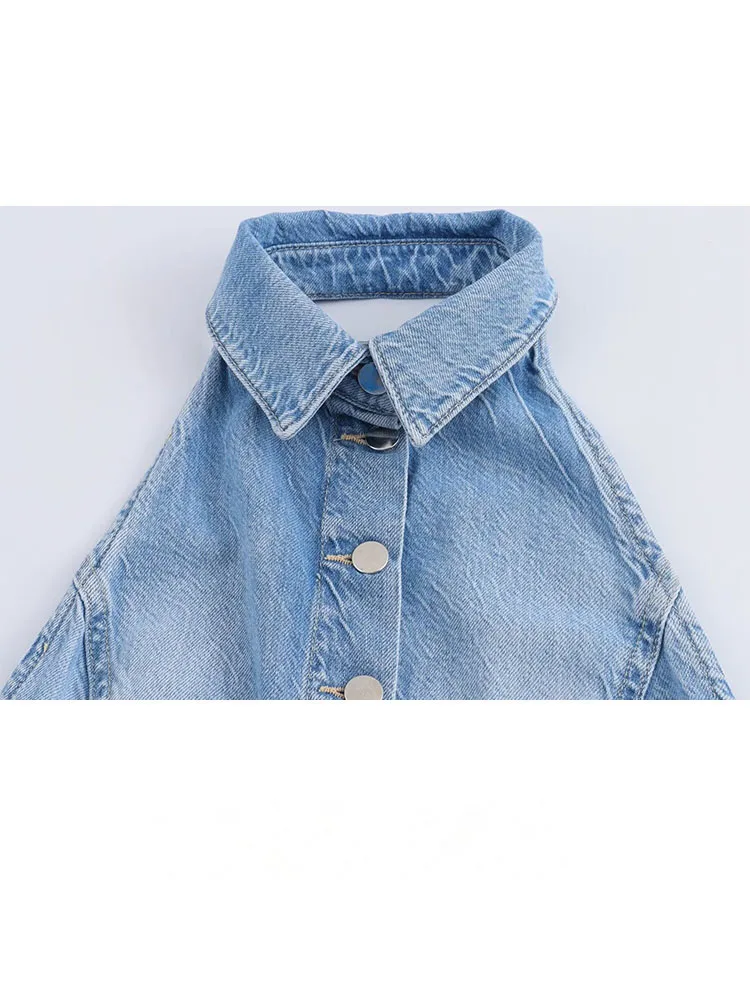 ​​HH Women Fashion Jumpsuit Denim Blue Sleeveless Backless Pockets Single Breasted Female Summer High Street Jumpsuits